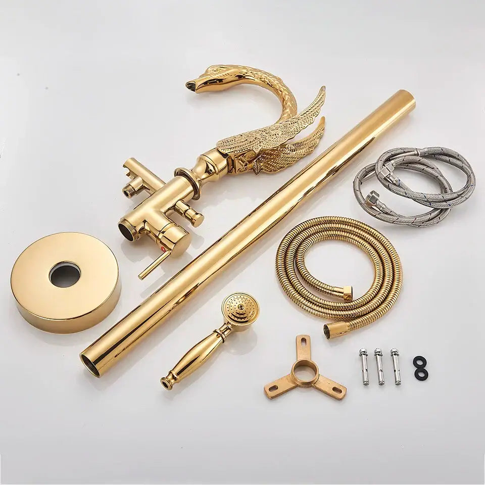 Ornate swan gold bathtub faucet with shower hose for bathroom