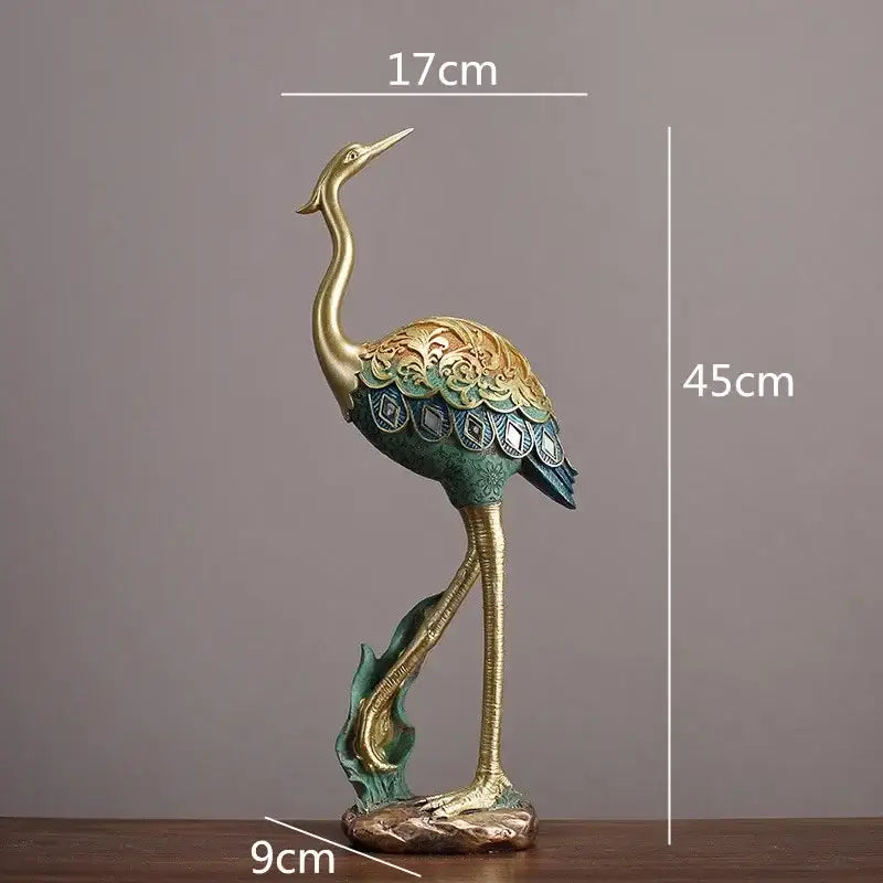 Ornate teal & gold crane bird sculpture living room decor