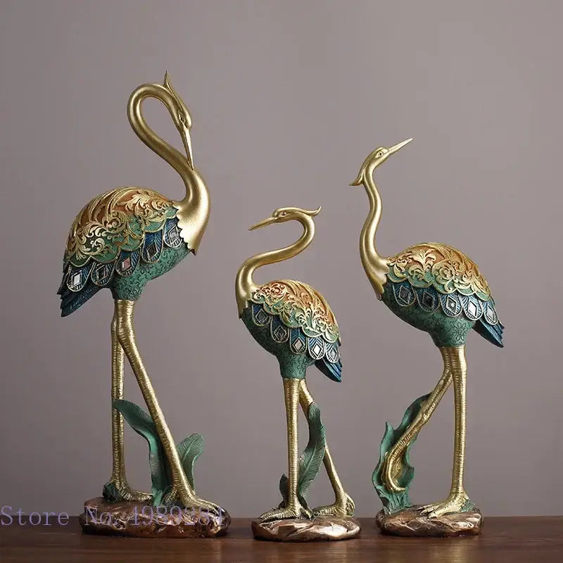 Ornate teal & gold crane bird sculpture living room decor