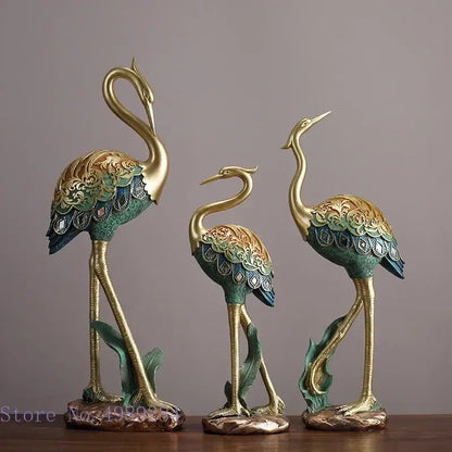 Ornate teal & gold crane bird sculpture living room decor