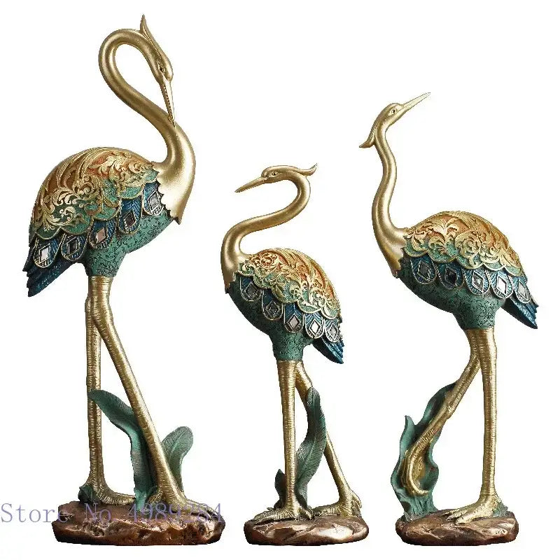 Ornate teal & gold crane bird sculpture living room decor