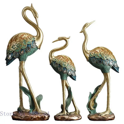 Ornate teal & gold crane bird sculpture living room decor