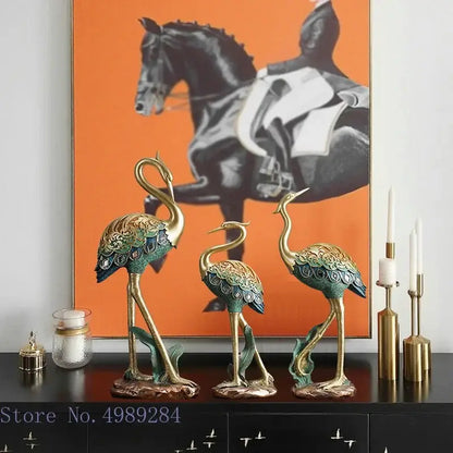 Ornate teal & gold crane bird sculpture living room decor