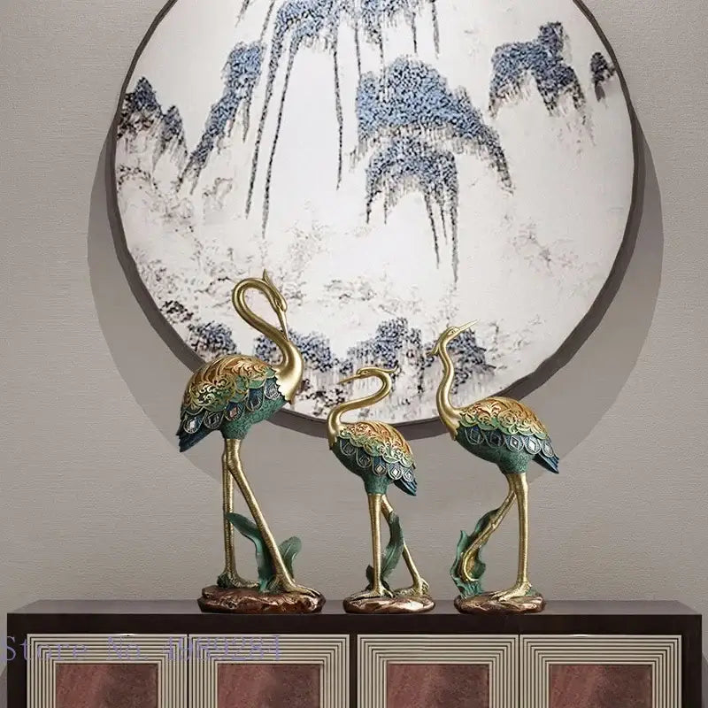 Ornate teal & gold crane bird sculpture living room decor