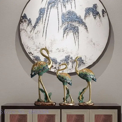 Ornate teal & gold crane bird sculpture living room decor