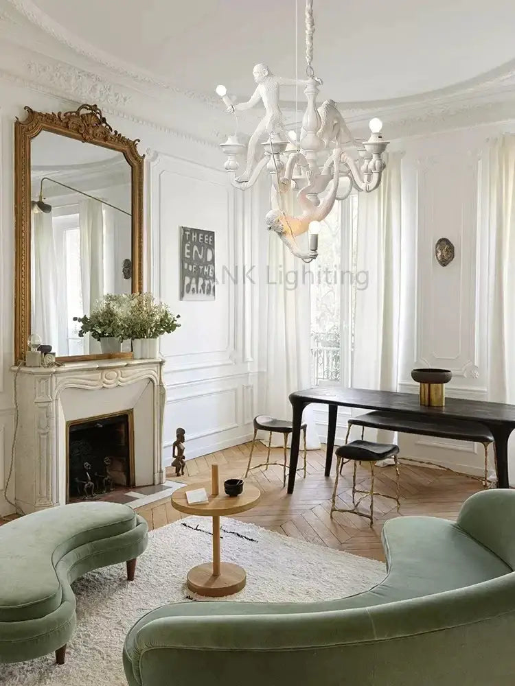 Ornate white 3 monkeys pendant chandelier for living room decor
