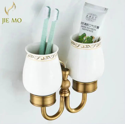Ornate white & gold double cup holder bathroom toothbrush stand