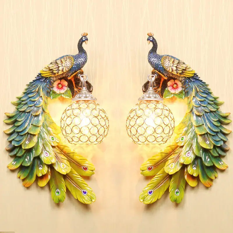 Ornate white gold peacock crystal wall lamp bedroom sconce pair