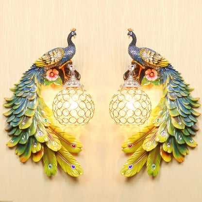 Ornate white gold peacock crystal wall lamp bedroom sconce pair