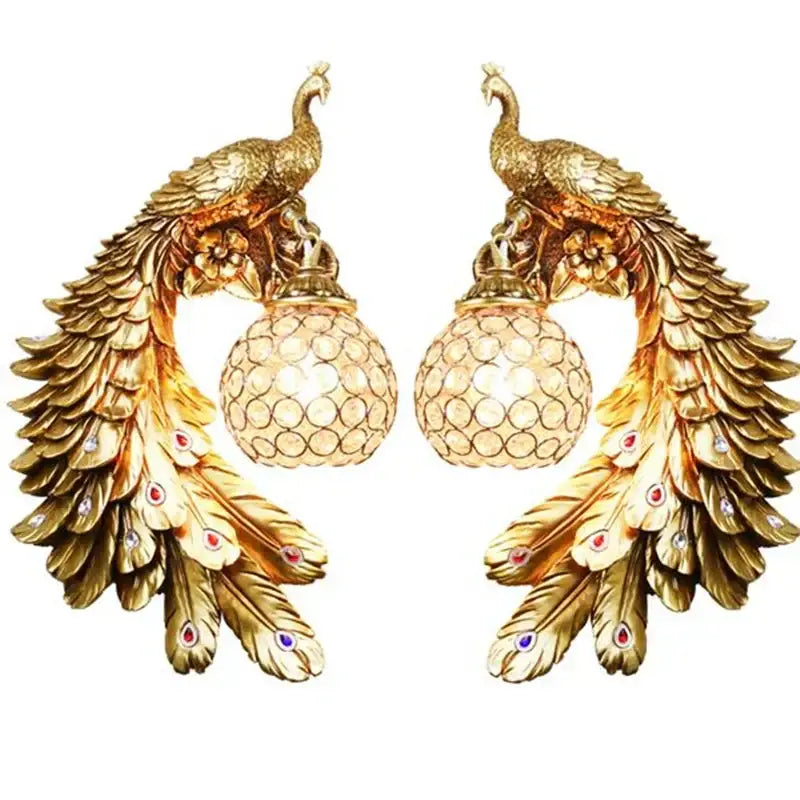 Ornate white gold peacock crystal wall lamp bedroom sconce pair