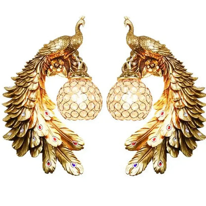 Ornate white gold peacock crystal wall lamp bedroom sconce pair