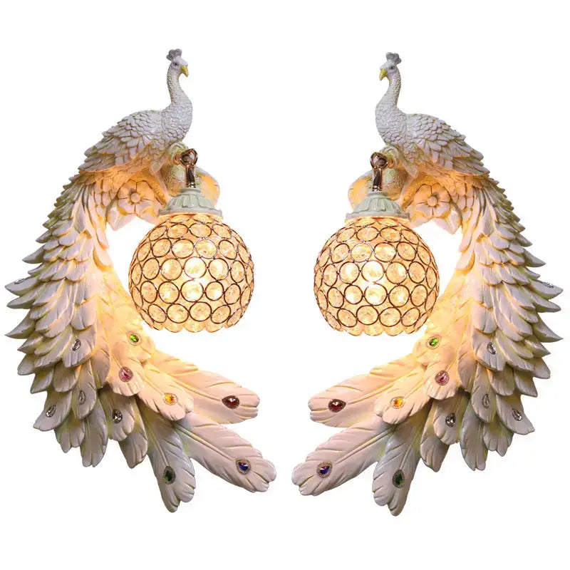 Ornate white gold peacock crystal wall lamp bedroom sconce pair