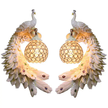 Ornate white gold peacock crystal wall lamp bedroom sconce pair