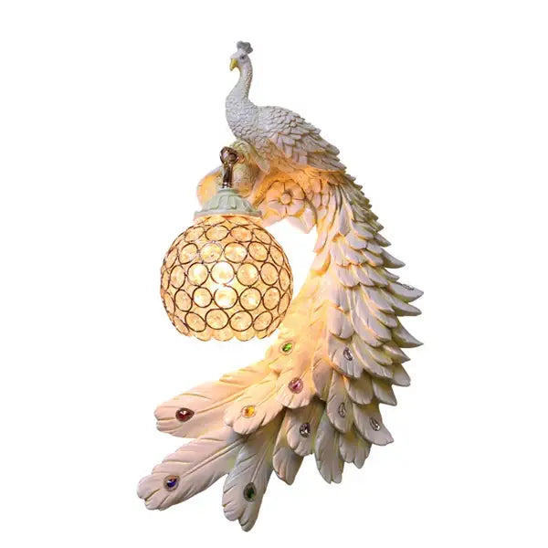 Ornate white gold peacock crystal wall lamp bedroom sconce pair