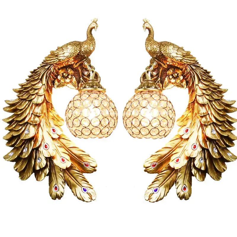 Ornate white gold peacock crystal wall lamp bedroom sconce pair
