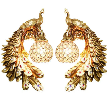 Ornate white gold peacock crystal wall lamp bedroom sconce pair