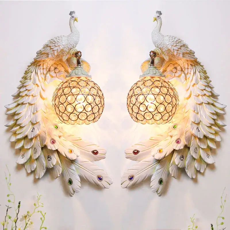 Ornate white gold peacock crystal wall lamp bedroom sconce pair