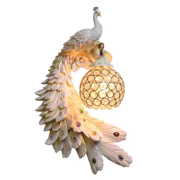 Ornate white gold peacock crystal wall lamp bedroom sconce pair
