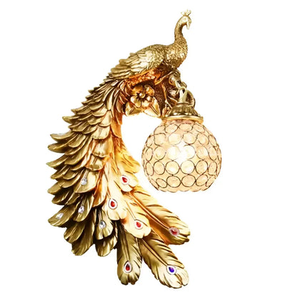 Ornate white gold peacock crystal wall lamp bedroom sconce pair