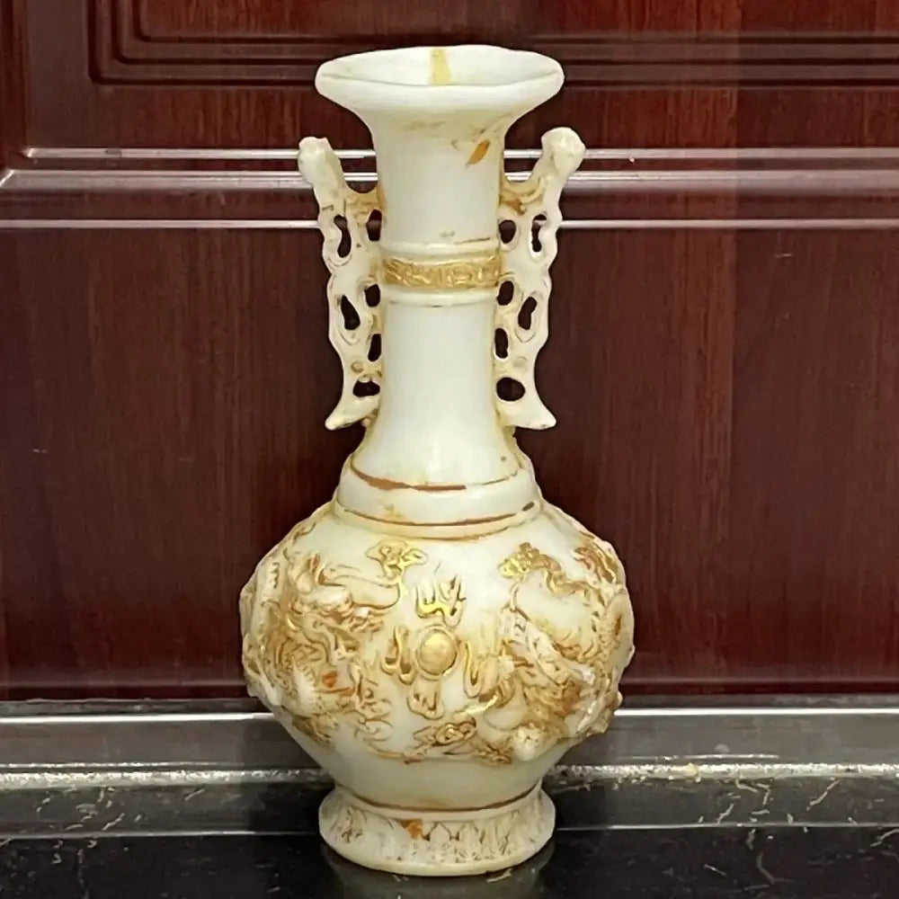 Ornate white marble jade dragons porcelain vase living room decor