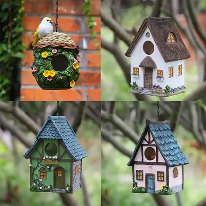 Pastel pink & blue resin birdhouse outdoor hanging decor for garden