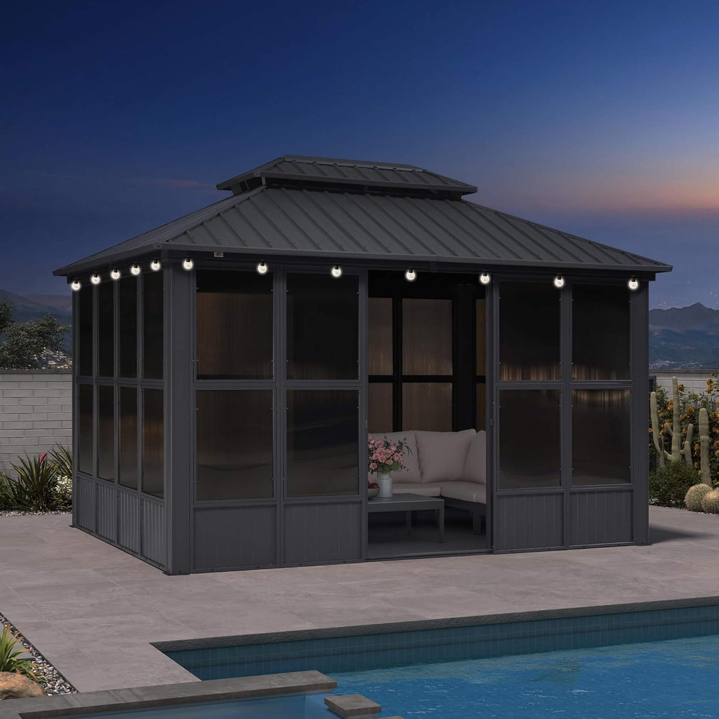 Alora Outdoor Hardtop Aluminum Solarium With Double Roof And LED Lights (SAK42086)
