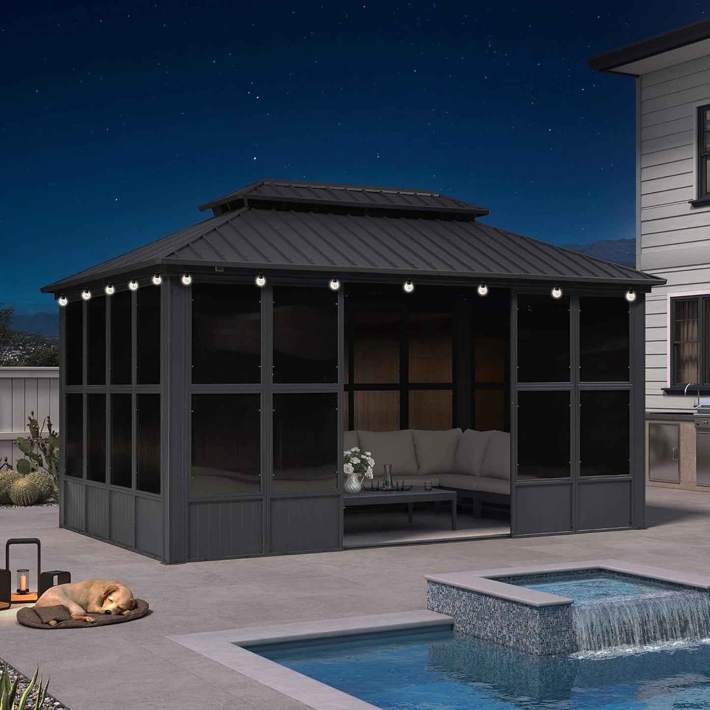 Alora Outdoor Hardtop Aluminum Solarium With Double Roof And LED Lights (SAK42086)