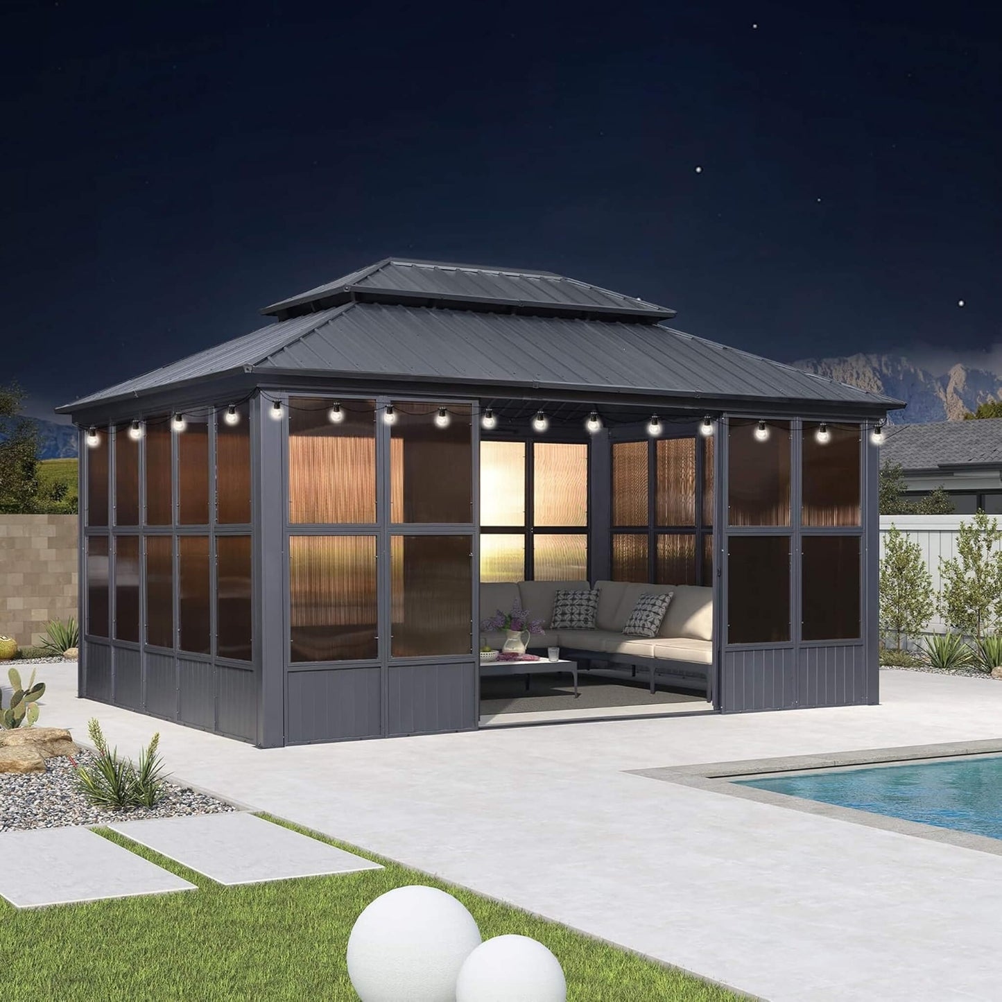 Alora Outdoor Hardtop Aluminum Solarium With Double Roof And LED Lights (SAK42086)