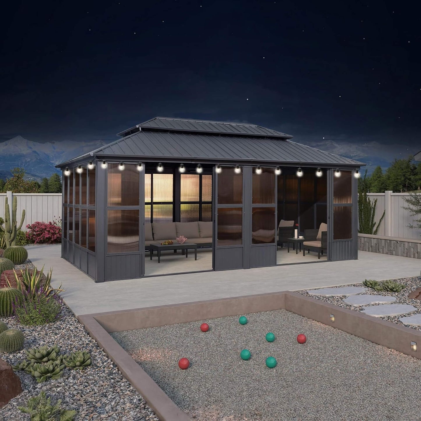 Alora Outdoor Hardtop Aluminum Solarium With Double Roof And LED Lights (SAK42086)
