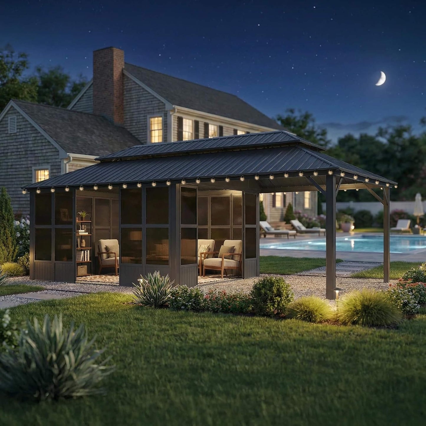 Alora Outdoor Hardtop Aluminum Solarium With Double Roof And LED Lights (SAK42086)