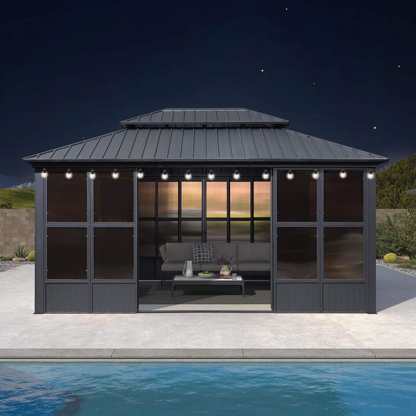 Alora Outdoor Hardtop Aluminum Solarium With Double Roof And LED Lights (SAK42086)