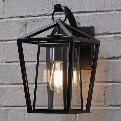 Industrial black wrought iron outdoor wall light with glass shades