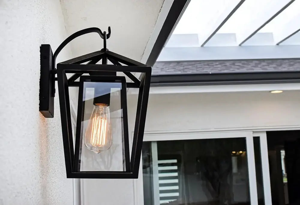 Industrial black wrought iron outdoor wall light with glass shades
