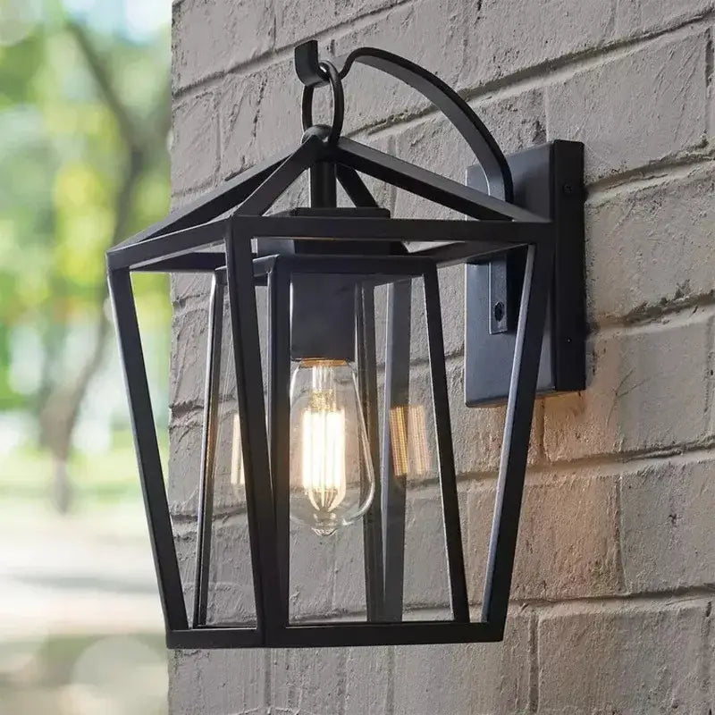 Industrial black wrought iron outdoor wall light with glass shades