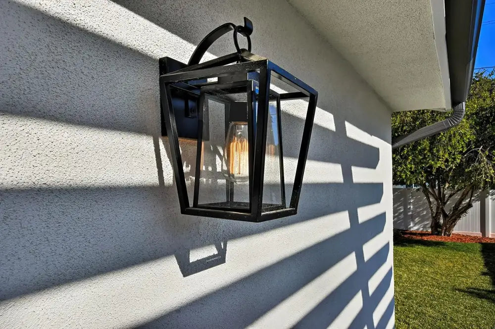 Industrial black wrought iron outdoor wall light with glass shades