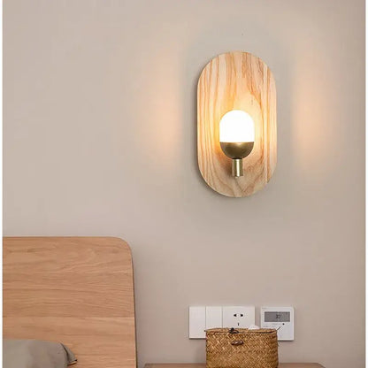 Oval led wooden wall lamp warm amber sconce for bedroom