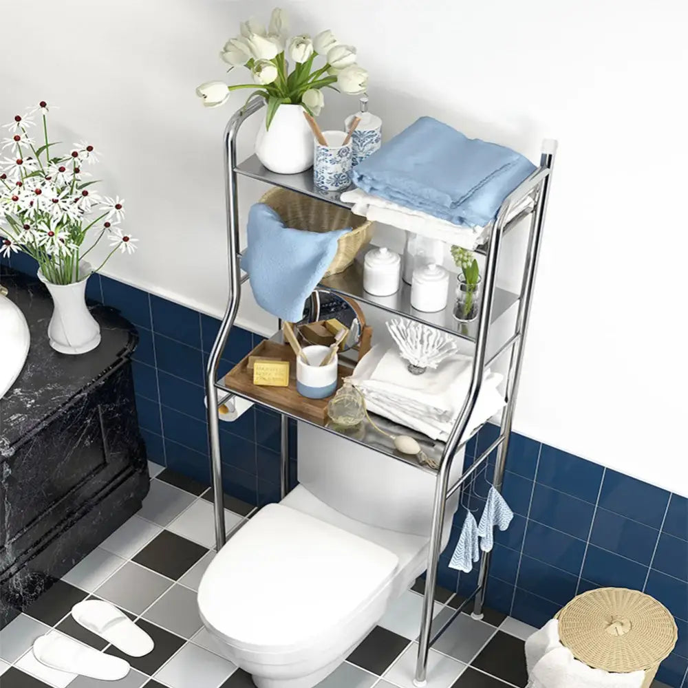 Modern silver 3 tier metal toilet storage shelf bathroom organizer