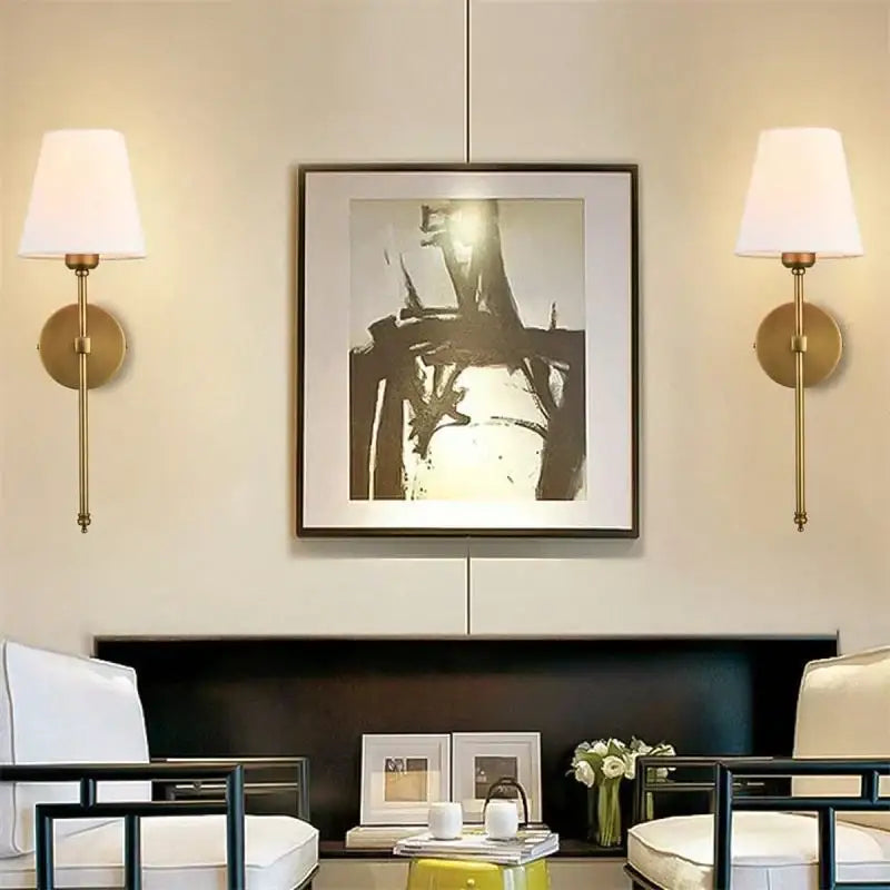Pair of brass and white fabric wall lamp sconces bedroom decor