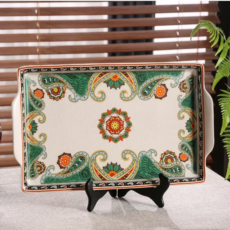 Paisley green & orange ice crack tray ceramic kitchen serving plate