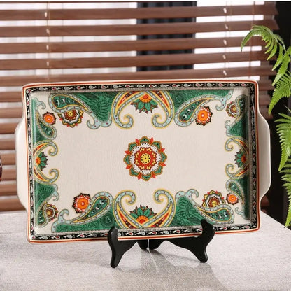 Paisley green & orange ice crack tray ceramic kitchen serving plate