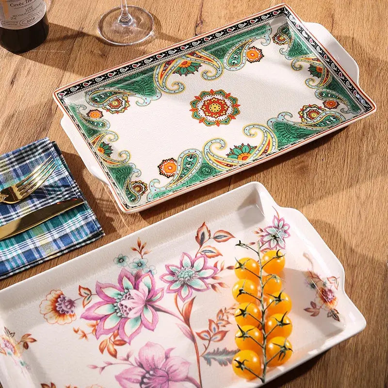 Paisley green & orange ice crack tray ceramic kitchen serving plate