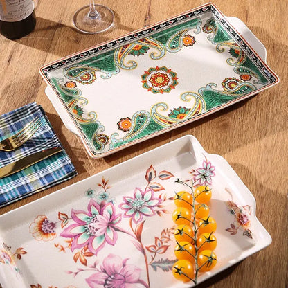 Paisley green & orange ice crack tray ceramic kitchen serving plate