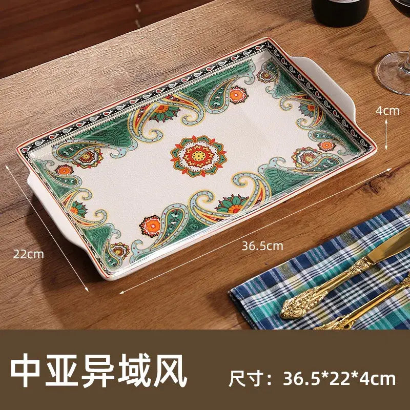 Paisley green & orange ice crack tray ceramic kitchen serving plate