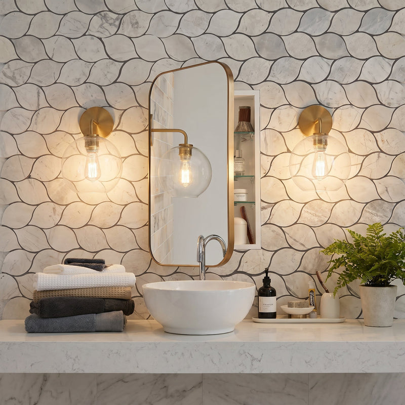 Palia White Dolomite Mosaic Tile Leaf Design on 12" x 12" Mesh - Polished