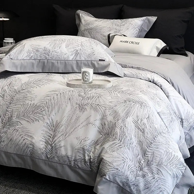 Palm leaf gray & white egyptian cotton bedding sets bedroom linen