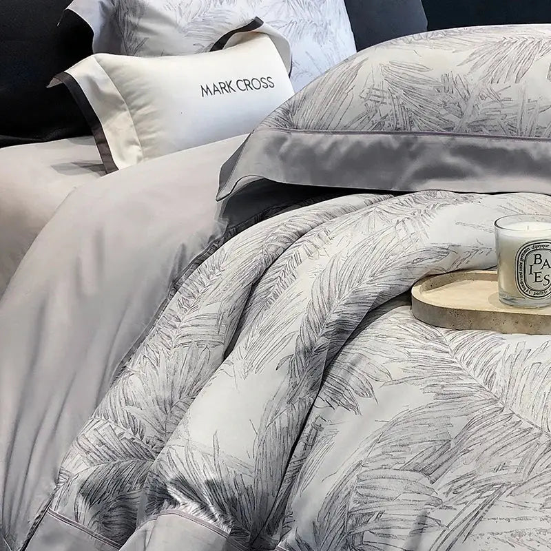 Palm leaf gray & white egyptian cotton bedding sets bedroom linen
