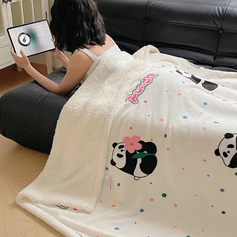 Panda pattern white cozy fleece blanket bedroom throw