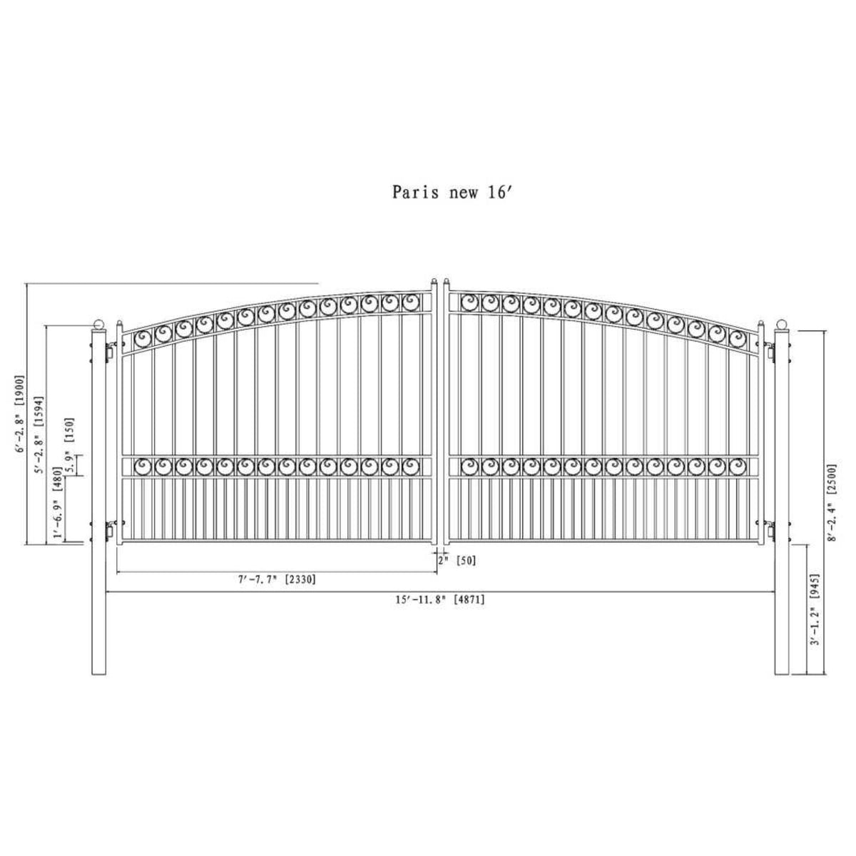 [12-18FT] Heavy-Duty Paris-Style Steel Premium Dual-Swing Driveway Gate (SAK97031)