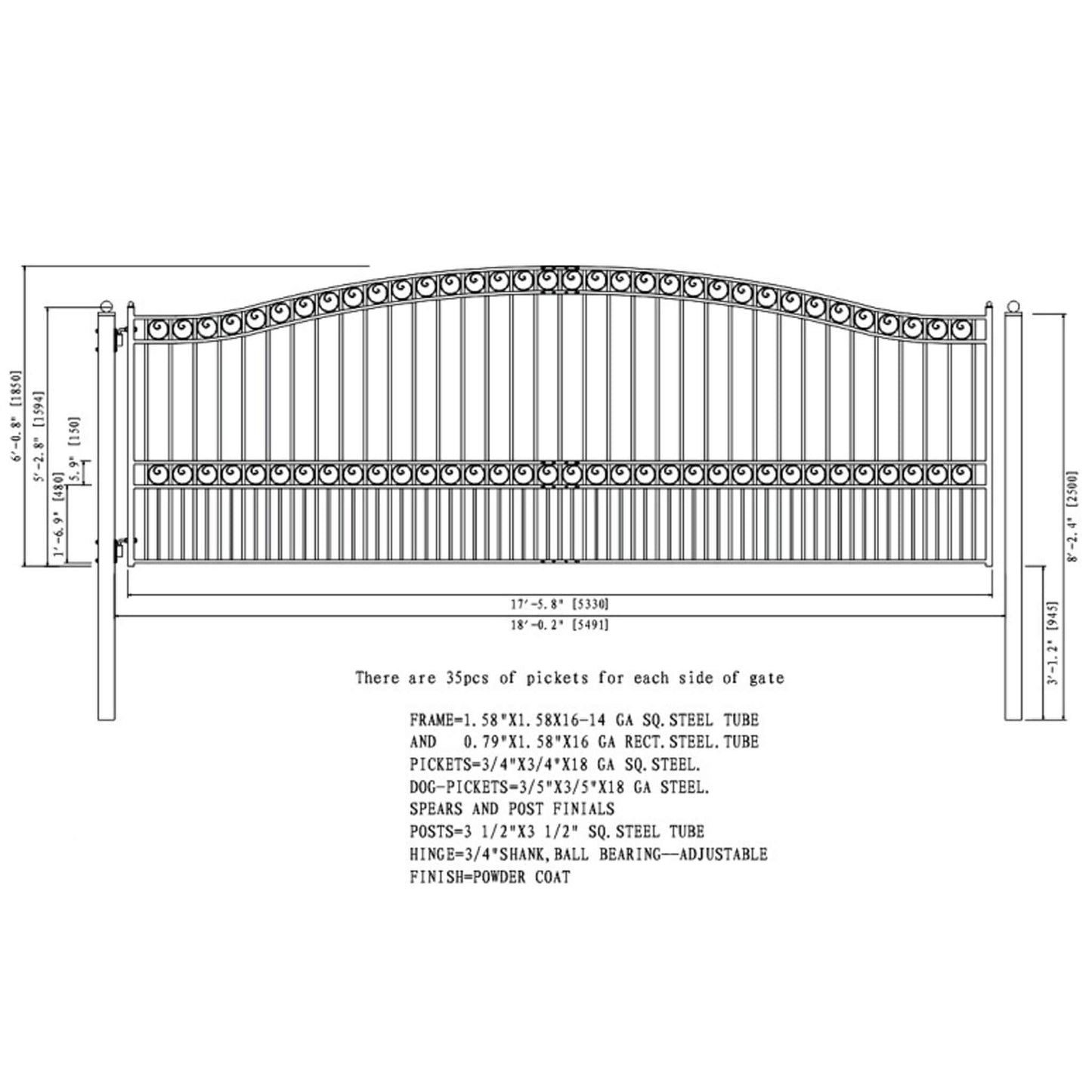 [12-18FT] Heavy-Duty Paris-Style Galvanized Steel Single-Swing Driveway Gate (SAK78643)