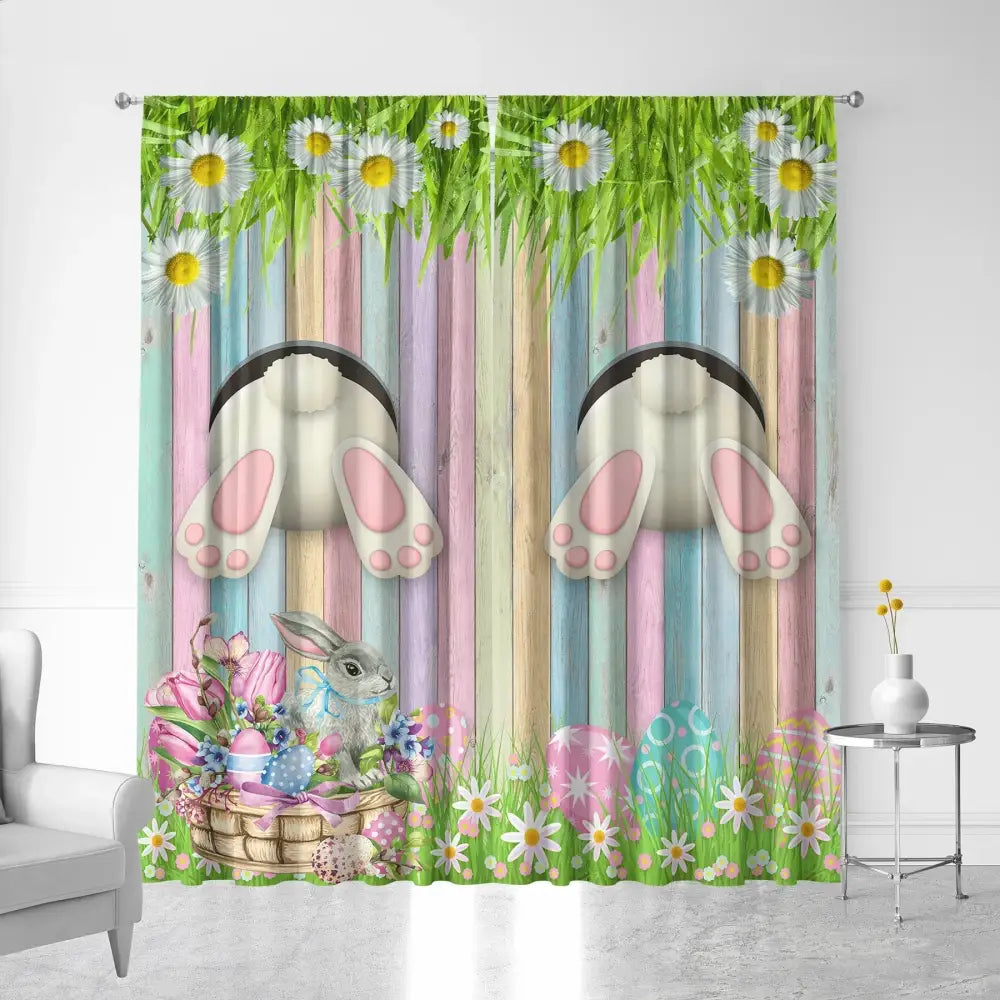 Pastel blue bunny easter curtains with pole pocket for living rooms